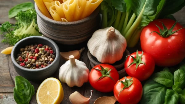 目に良いレシピ・小松菜とトマトのガーリックペンネ